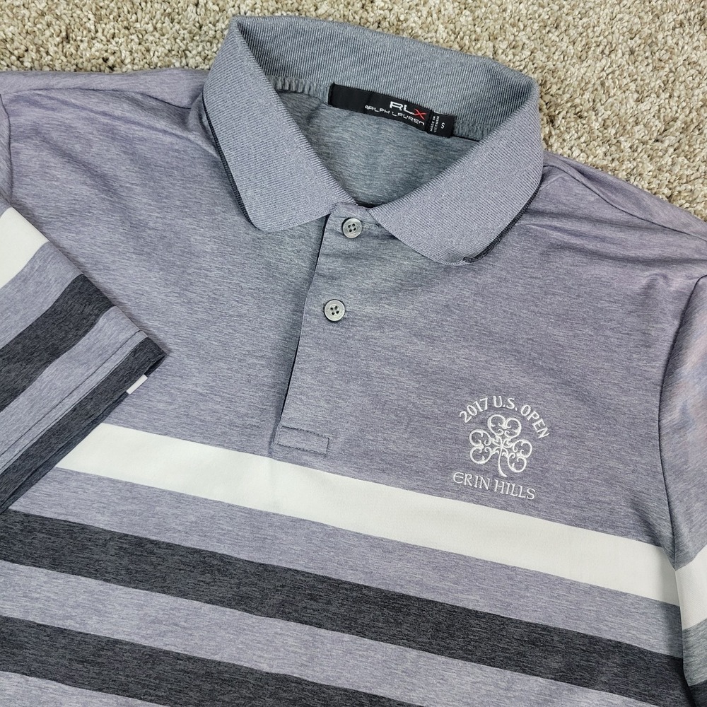 RLX‎ Ralph Lauren Mens Small Gray White Striped Performance Stretch Golf Polo